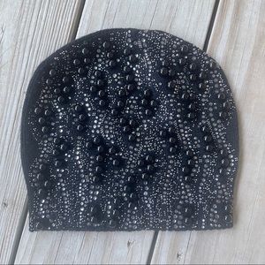Regina beaded black bling wool cashmere beanie hat Italy
